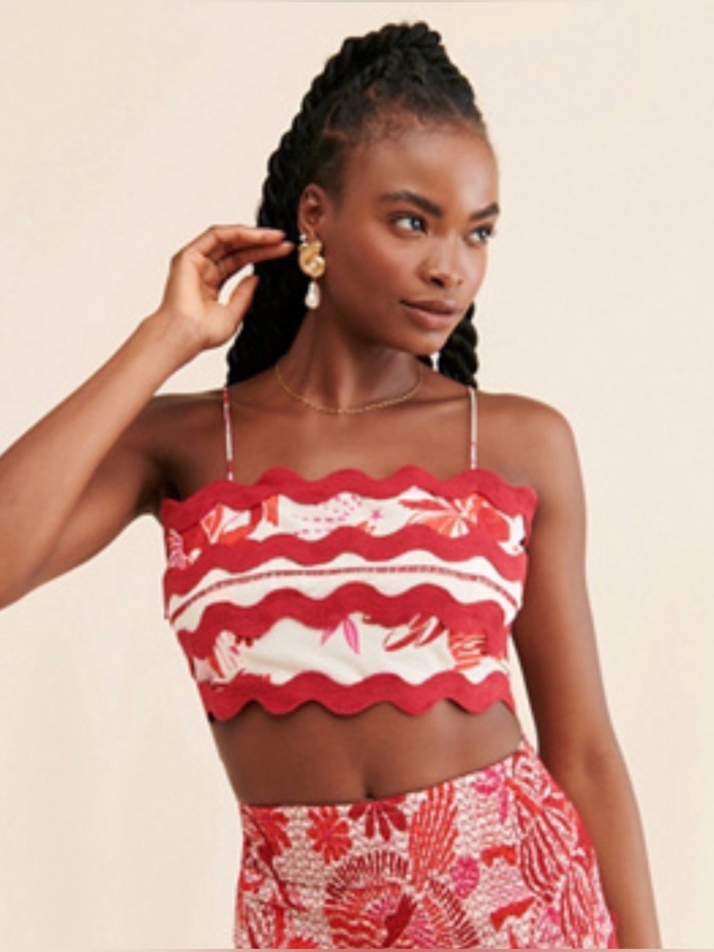 Farm Rio Women's Red Off-white Rio Tiles Crop Top Tie Back Blouse shirt Size XS